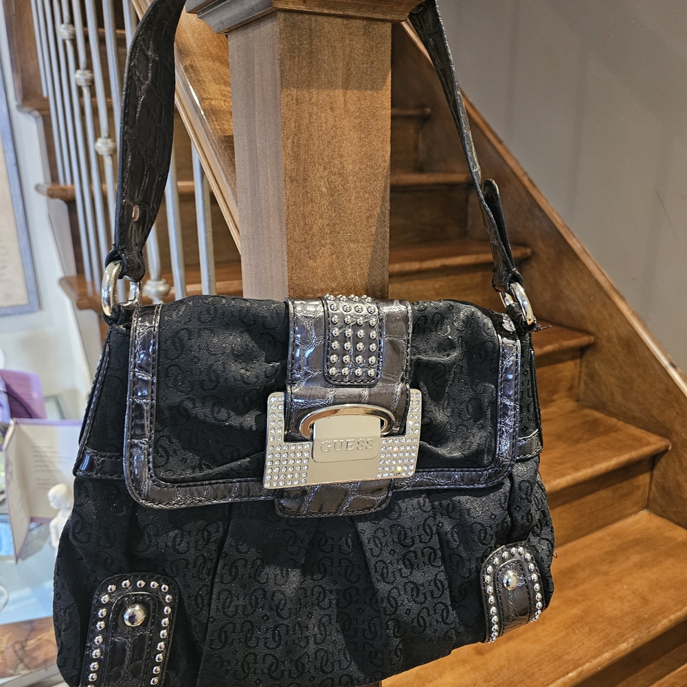 Guess Black Studded Shoulder Bag with Chain Strap